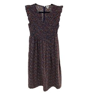 J. Crew Floral Print Midi Dress Smocked Waist Ruffle Sleeves Sz Small Multicolor